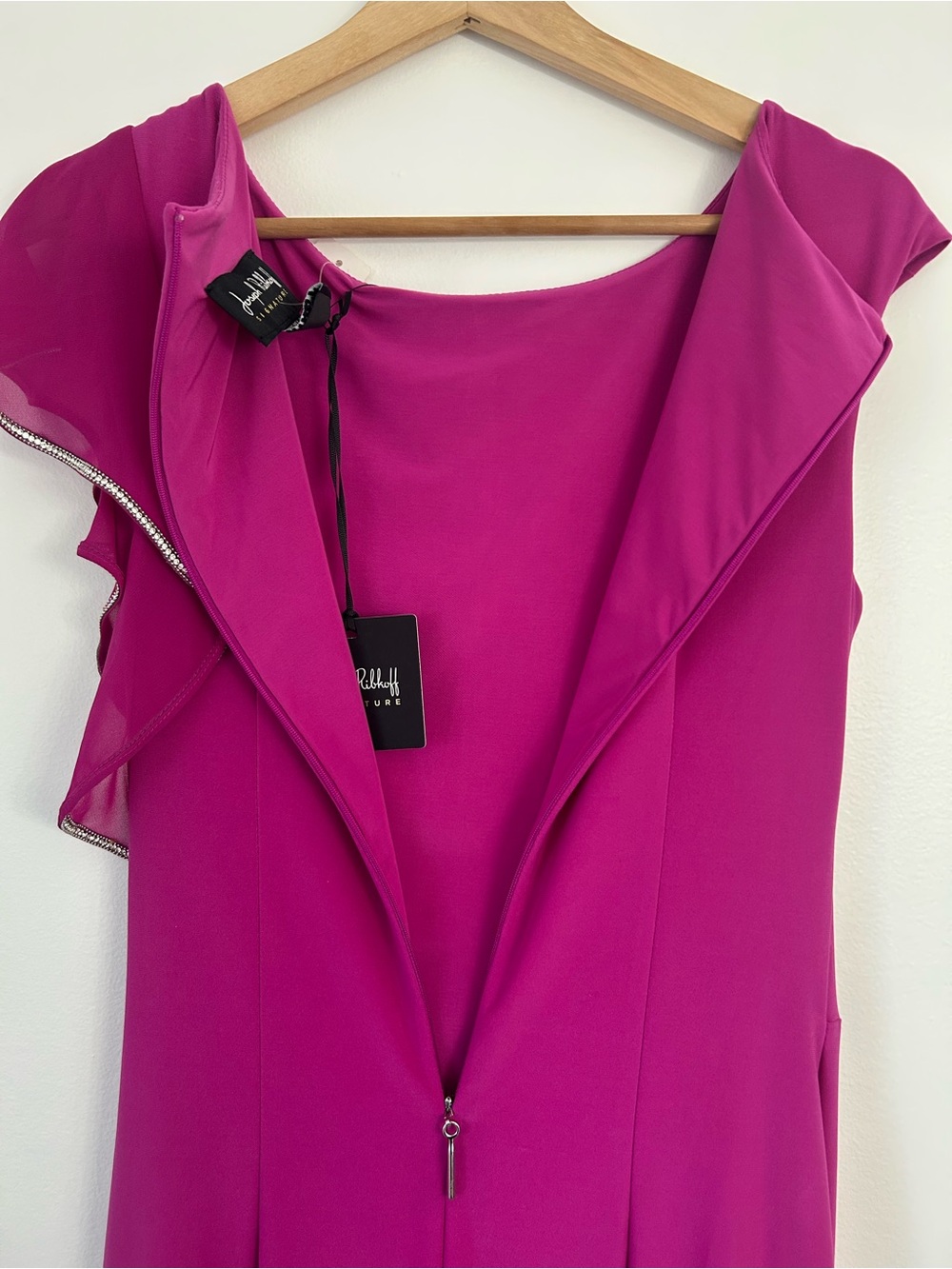 Joseph Ribkoff Magenta Rhinestone Asymmetrical Ruffle Lined Cocktail Dress | US - Picture 11 of 16